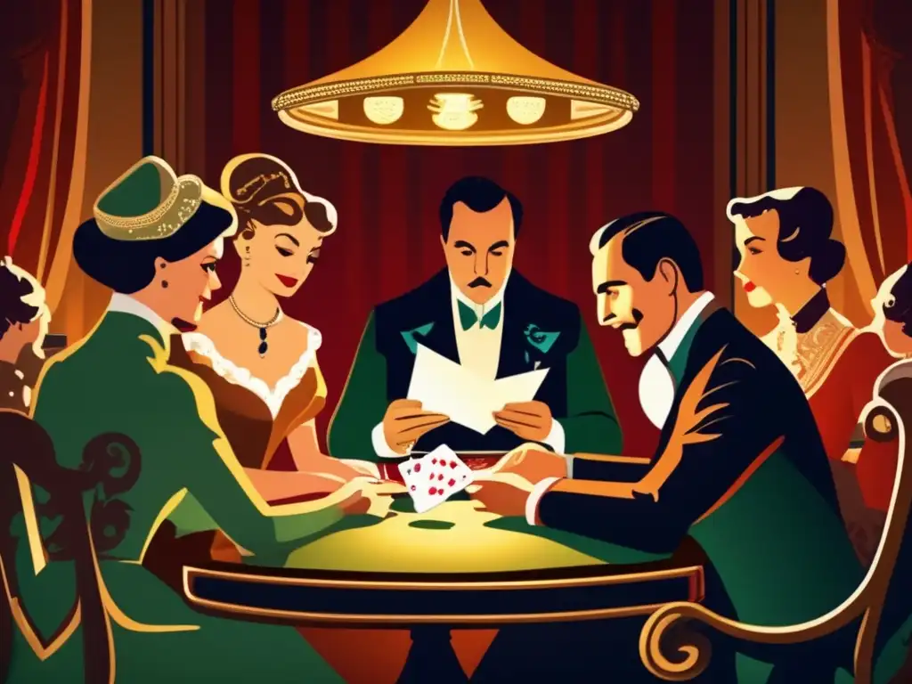 Un grupo de personas en un juego de cartas de época, sumergidos en la Dinámica de juegos de cartas en un ambiente vintage y elegante.