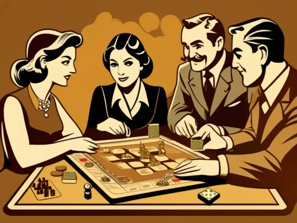 Un grupo de personas disfruta de un juego estratégico de mesa en una ilustración vintage, resaltando el impacto cultural de los juegos de estrategia.