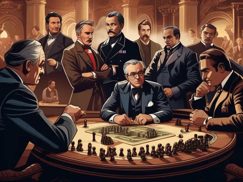 Un grupo de personas juega un juego estratégico en un escenario político vintage, transmitiendo tensión e intelecto.