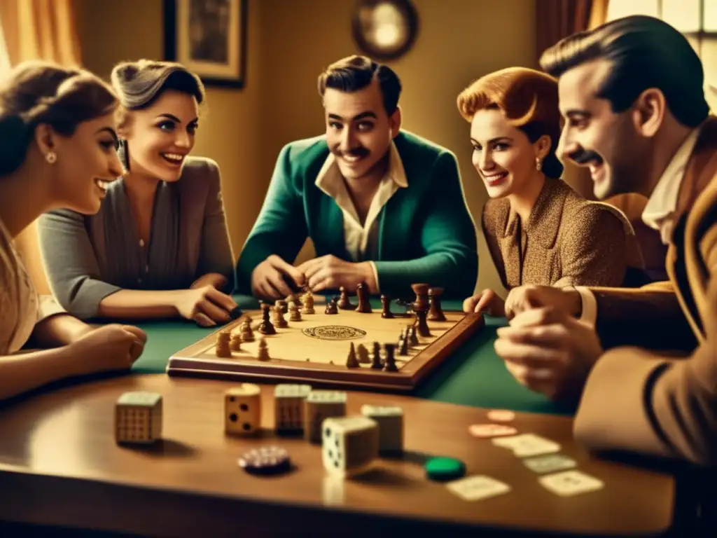 Un grupo de personas disfruta de un juego de mesa vintage, evocando la evolución cultural de los juegos de mesa a lo largo de la historia.