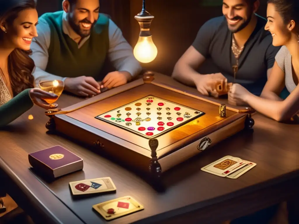 Un grupo de personas disfruta de un juego de mesa artesanal en una atmósfera cálida y acogedora. <b>Democratización de la creación de juegos de mesa.