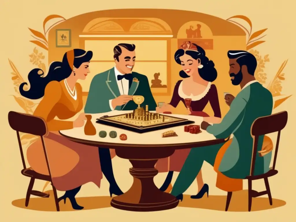Un grupo de personas disfruta de un juego de mesa vintage con detalle histórico, capturando la transición juegos de mesa videojuegos en una ilustración detallada y cálida.