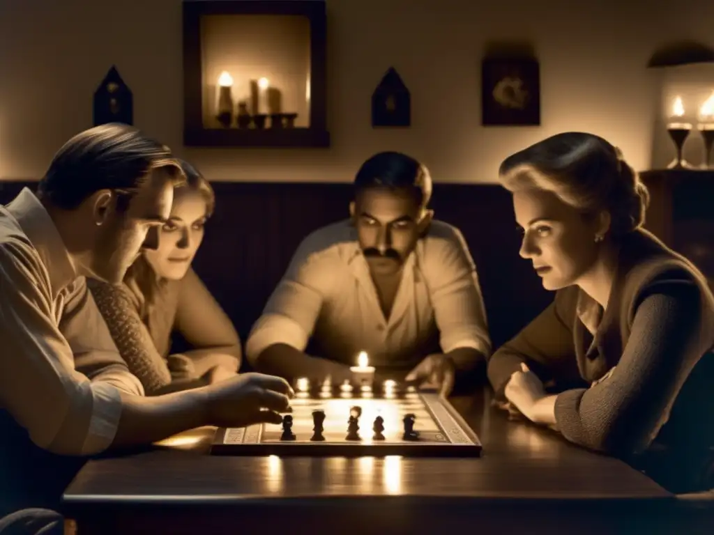 Un grupo de personas juega un juego de mesa tradicional en una habitación iluminada por velas. <b>Se observa el impacto cultural de los juegos móviles en la escena.