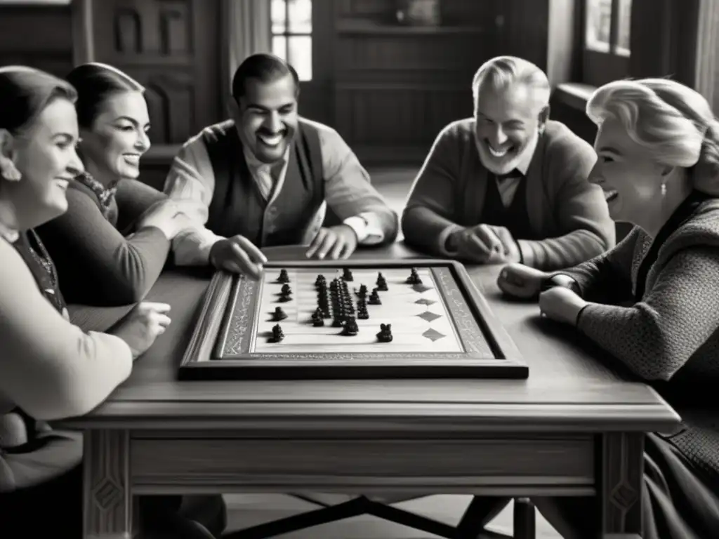 Un grupo de personas disfruta de un juego de mesa tradicional en una atmósfera nostálgica en blanco y negro. <b>Esculturas con juegos de mesa.