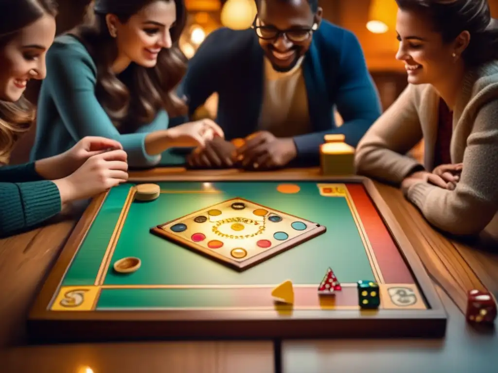 Un grupo de personas disfrutando de un juego de mesa vintage en una atmósfera acogedora. <b>Representación de juegos de mesa.