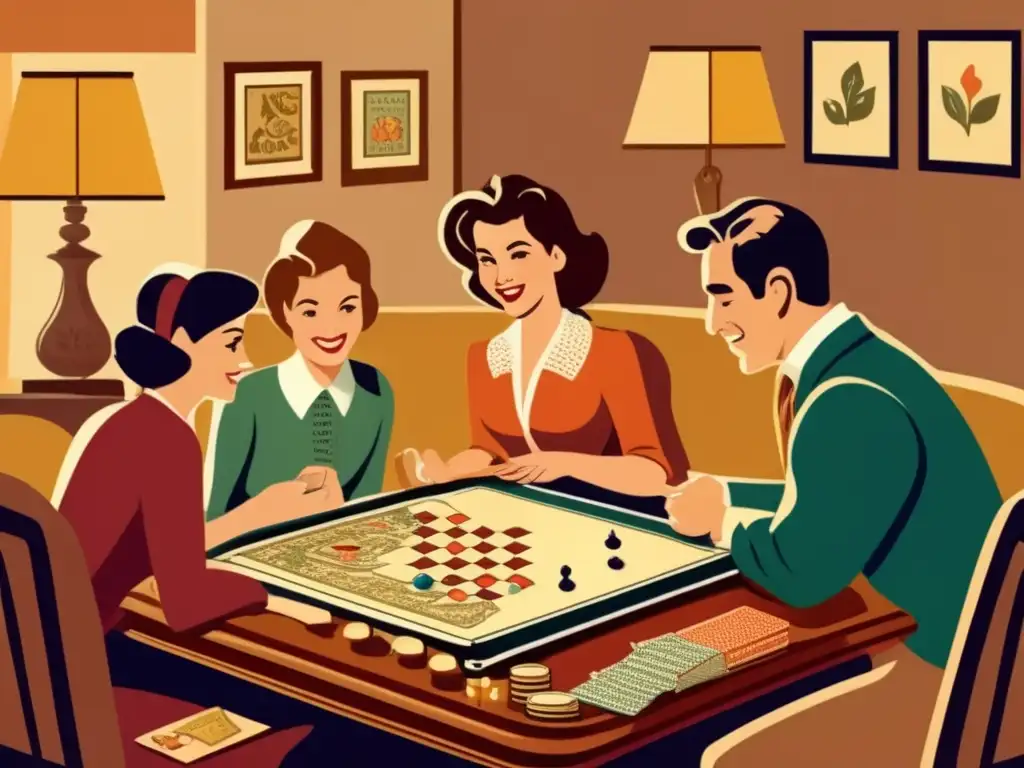 Un grupo de personas disfruta de un juego de mesa en una acogedora sala vintage. <b>Representación de juegos de mesa.