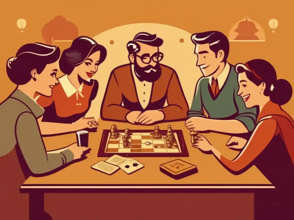 Un grupo de personas juega un juego de mesa vintage, mostrando el impacto cultural del crowdfunding en juegos de mesa.