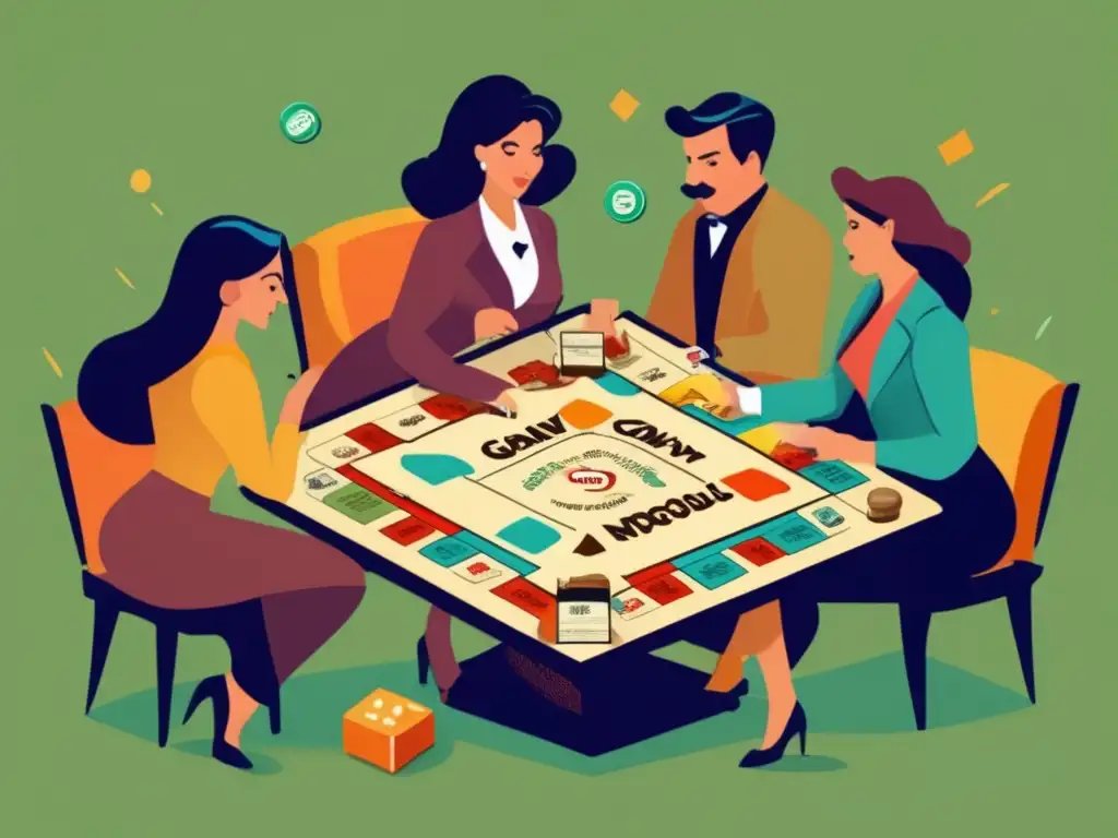 Un grupo de personas juega un juego de mesa vintage, concentradas en estrategias financieras. <b>Enseñanza de conceptos financieros a través de juegos.