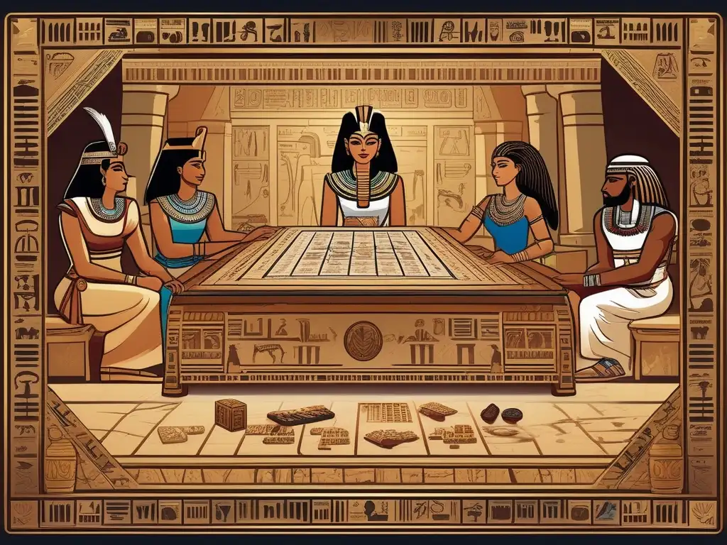 Un grupo de personas disfruta de un juego de mesa temático egipcio. <b>Detalles intrincados y expresiones de diversión se entrelazan con la cultura egipcia.</b> El impacto cultural de los juegos de mesa mitológicos cobra vida en esta ilustración vintage.