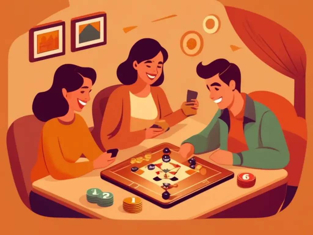 Un grupo de personas disfruta de un juego de mesa en un ambiente acogedor y nostálgico. Evoca la conexión y diversión de los juegos en línea contra la soledad.