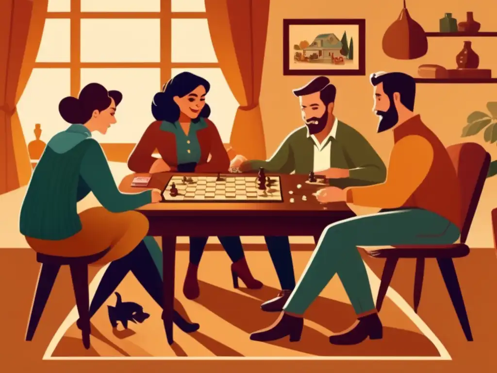 Un grupo de personas disfruta de un juego de mesa en una acogedora sala, evocando nostalgia y conexión. <b>Terapia de aceptación en los juegos.