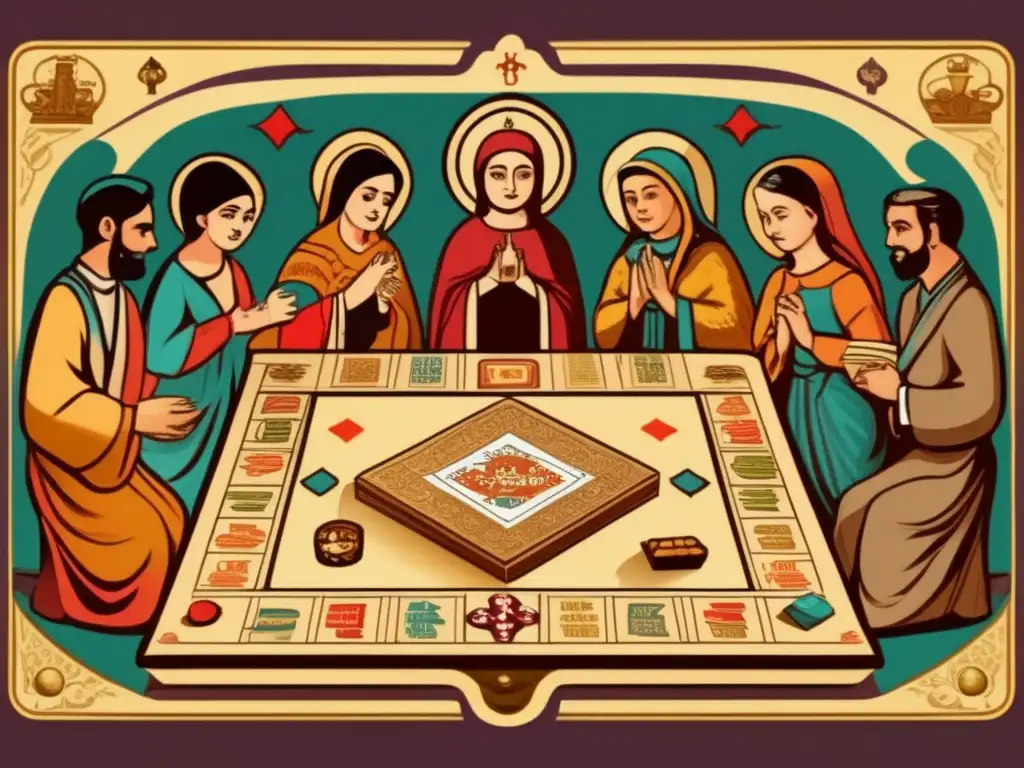 Un grupo de personas juega un juego de mesa con símbolos religiosos, sumergidos en un ambiente de reverencia e impacto en la religión.