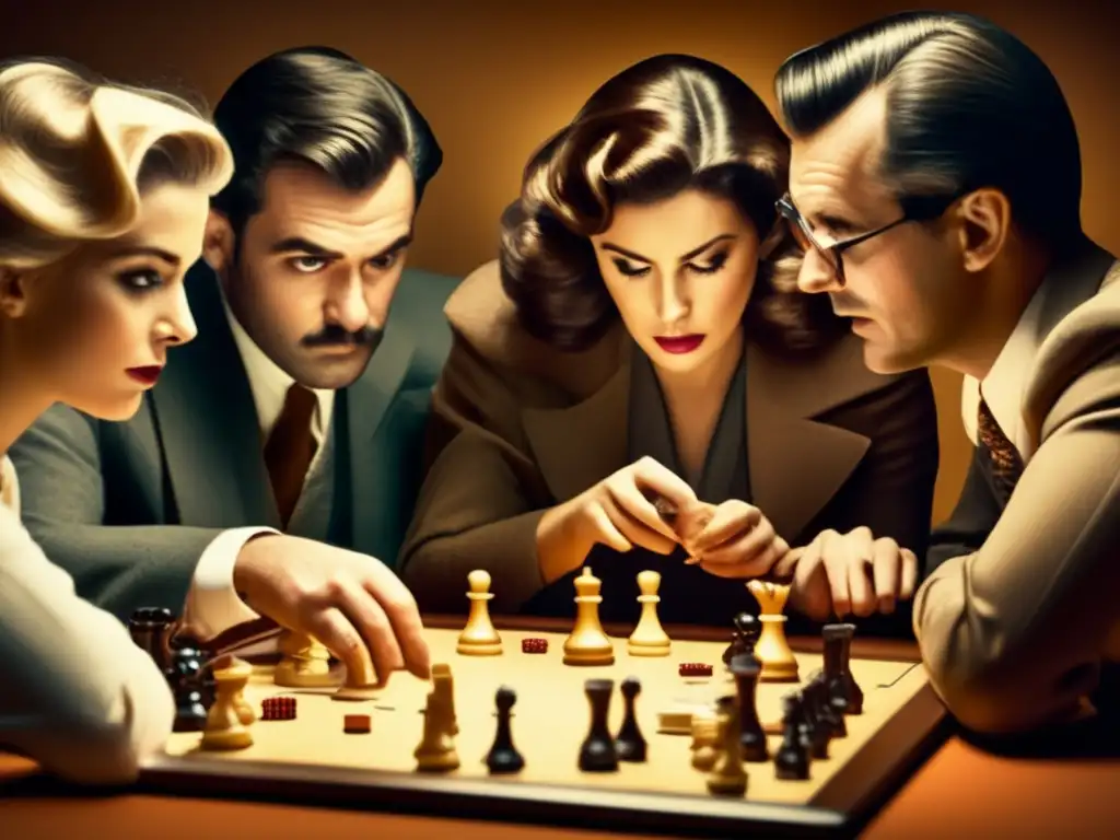 Un grupo de personas juega un juego de mesa estratégico con expresiones intensas y miradas concentradas, evocando nostalgia y compromiso intelectual. <b>Destacando los beneficios de los juegos para la función ejecutiva.