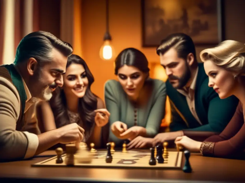 Un grupo de personas se concentra en un juego de mesa vintage, estimulación cognitiva juegos de mesa se une con nostalgia y emoción en la atmósfera.