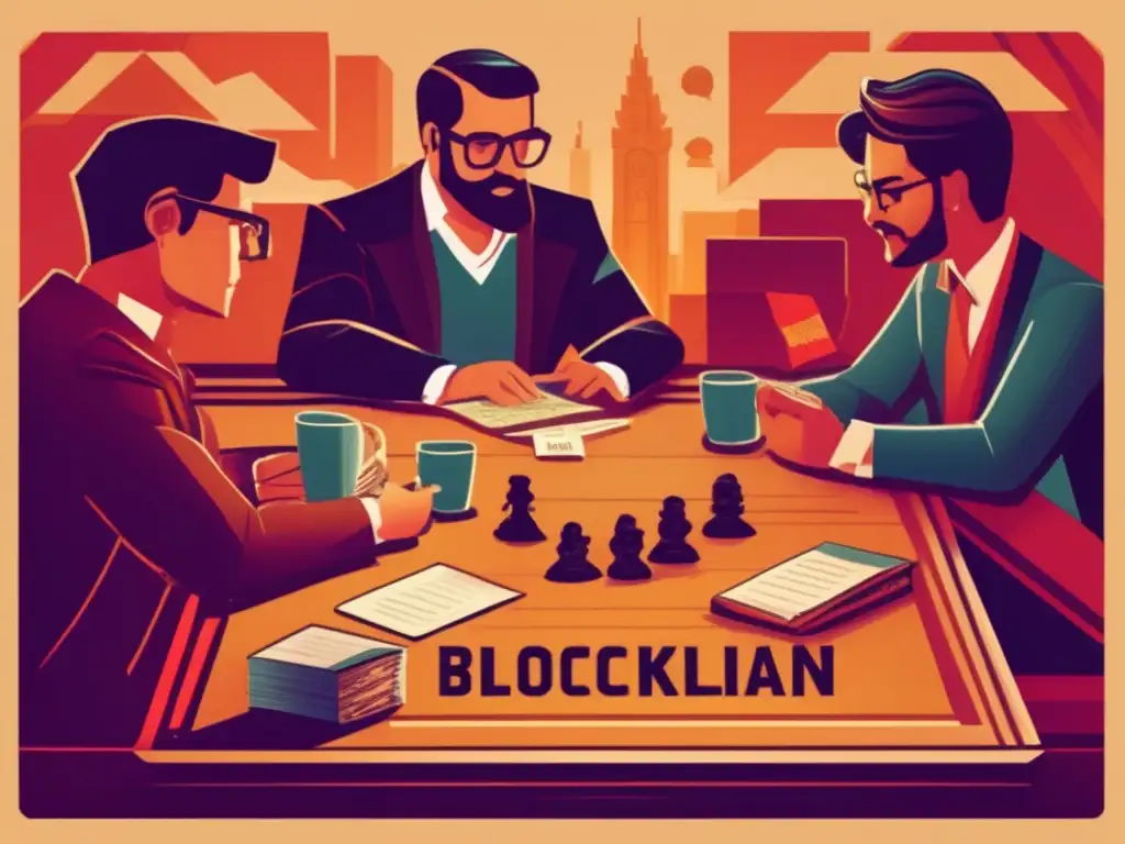 Un grupo de personas juega un juego de mesa con temática de blockchain rodeado de documentos legales y directrices éticas. Los tonos cálidos y los detalles intrincados destacan la complejidad de los desafíos legales y éticos en los juegos de blockchain. Los jugadores participan en discusiones reflexivas, capt