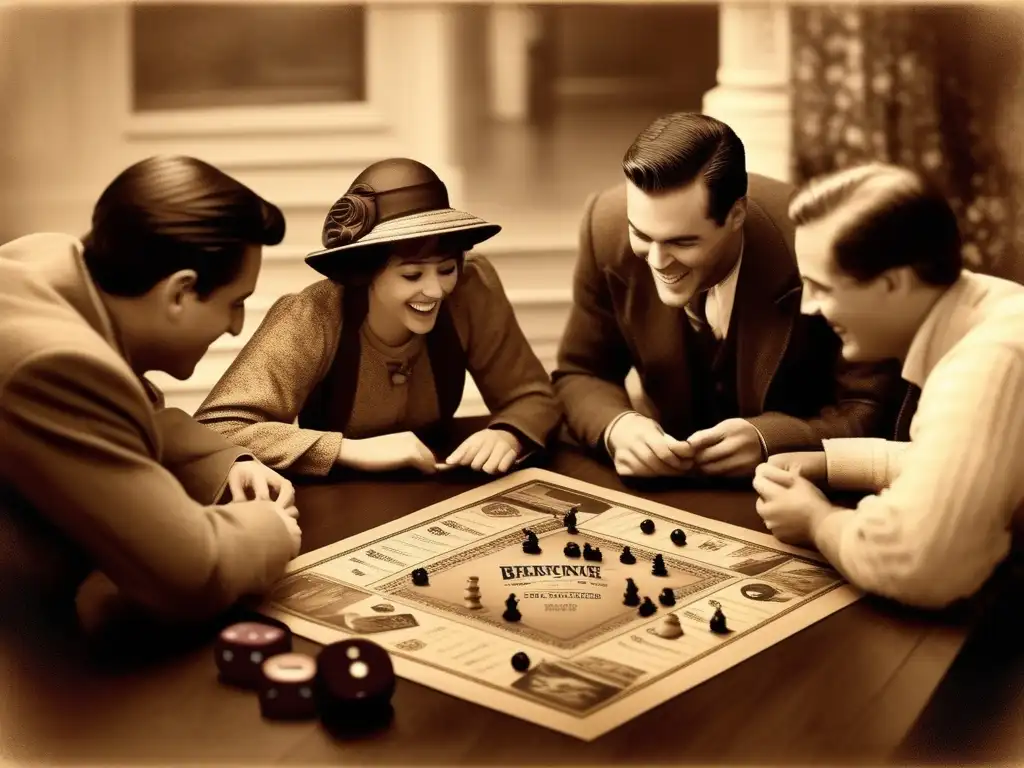 Un grupo de personas disfruta de un juego de mesa vintage, sus rostros reflejan emoción y anticipación. La atmósfera cálida y nostálgica evoca la esencia de Blockchain en narrativas interactivas juegos.