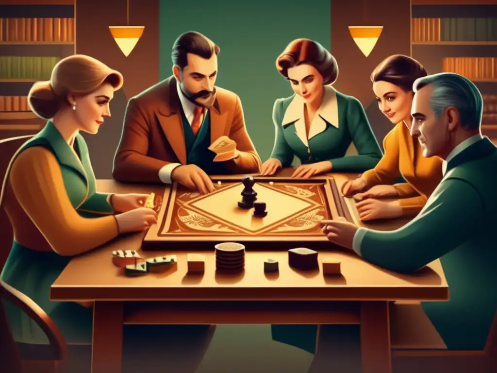 Un grupo de personas juega un juego de mesa vintage con intensa concentración, evocando una cálida nostalgia. <b>Psicología del juego en Blockchain.