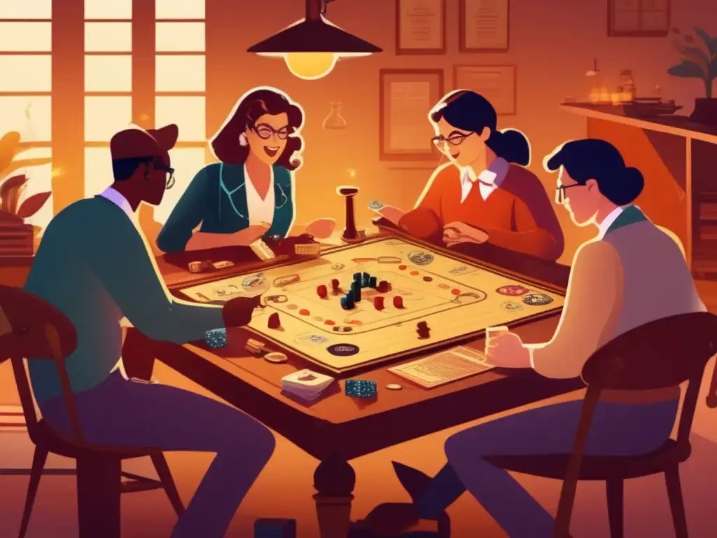 Un grupo de personas se reúne alrededor de un juego de mesa, rodeados de herramientas científicas. <b>La atmósfera es acogedora y llena de luz dorada.</b> <b>Muestra el impacto cultural de los juegos de mesa.
