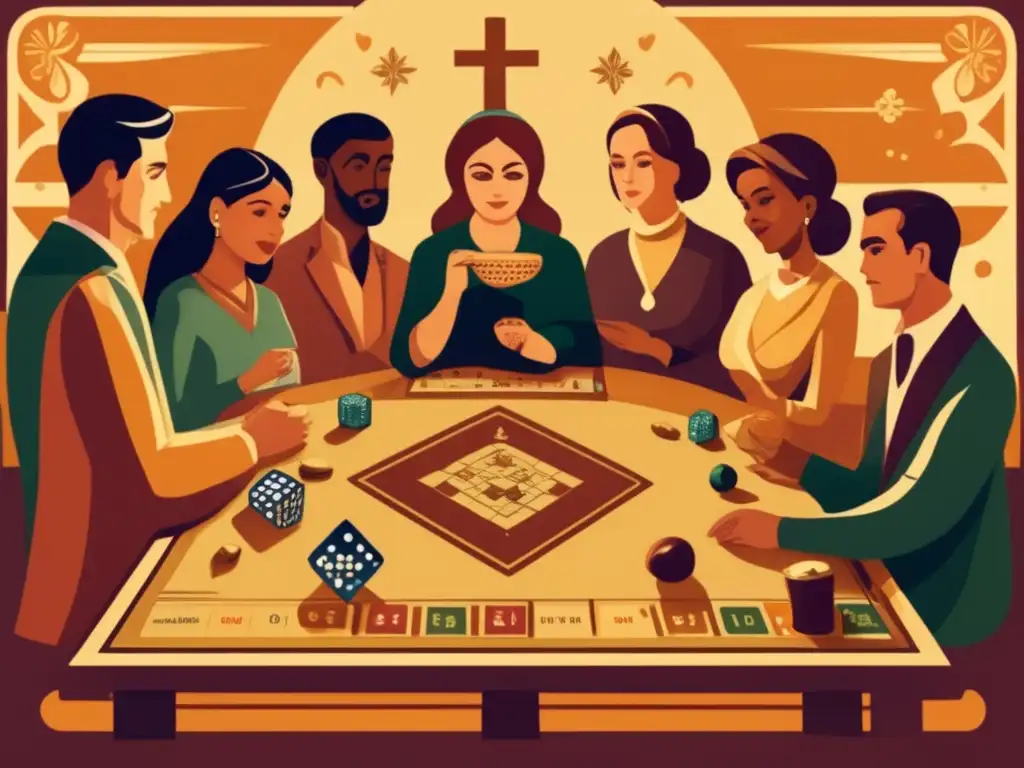 Un grupo de personas juega un juego de mesa con simbolismo religioso, creando un ambiente cálido y nostálgico. <b>Impacto juegos de mesa religión.