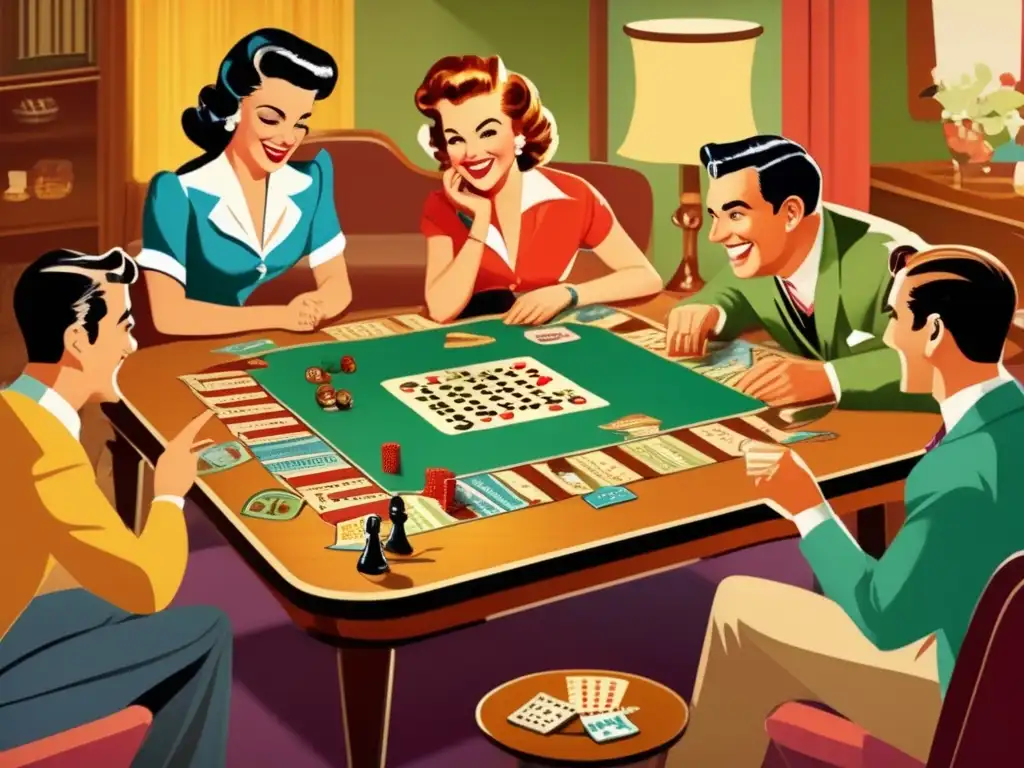 Un grupo de personas se divierte con un juego de mesa en un ambiente vintage de los años 50, capturando el impacto cultural de los juegos de mesa.