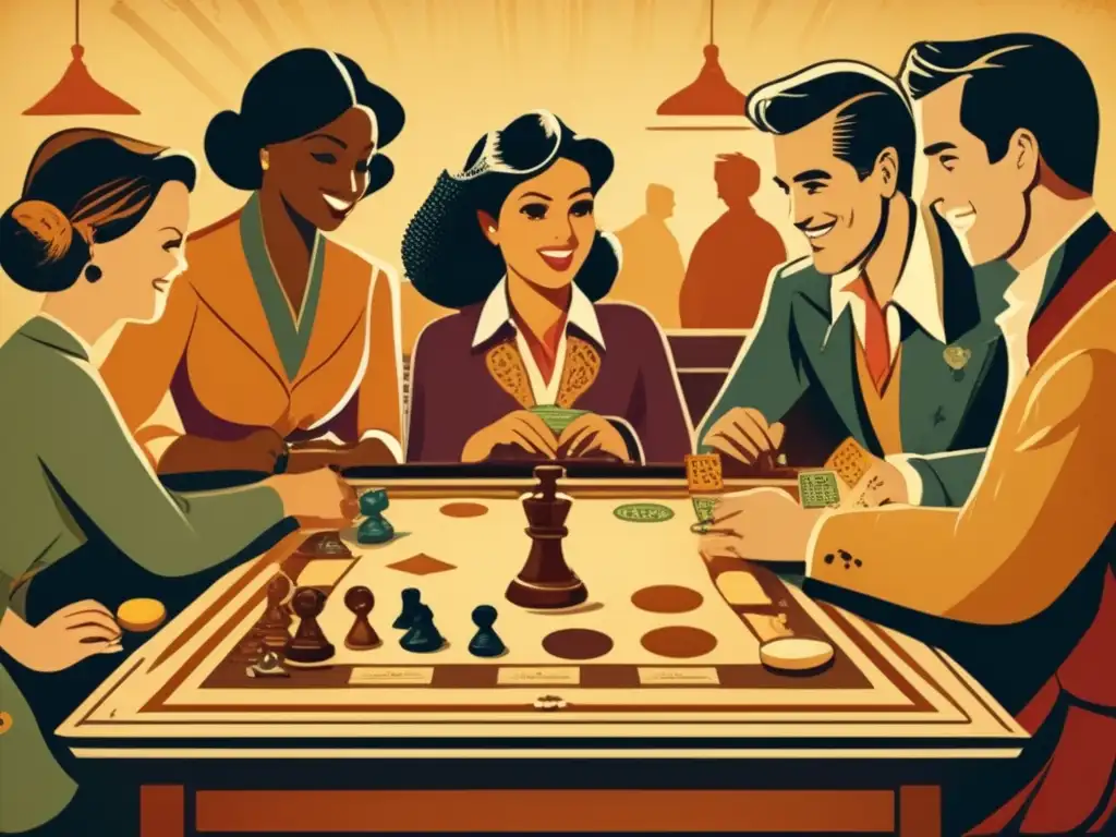 Un grupo de personas disfruta de un juego de mesa vintage, destacando el impacto cultural de los juegos de mesa.