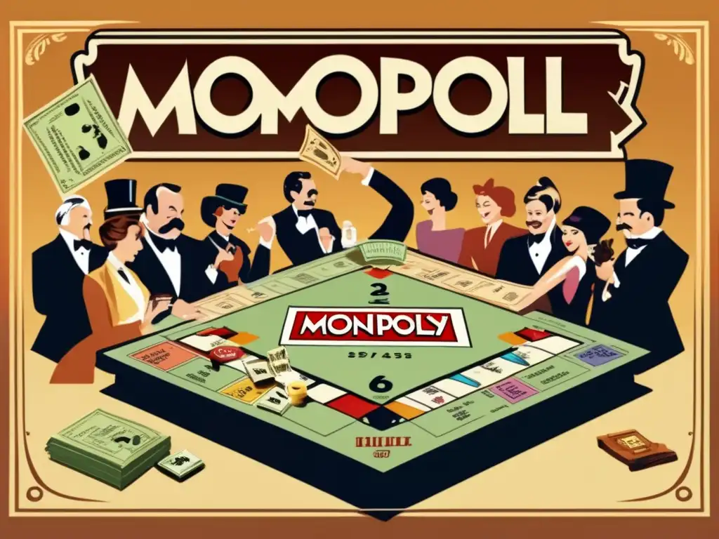 Un grupo de personas se reúnen alrededor de un juego de Monopoly, con expresiones intensas y gestos apasionados. Detalles nostálgicos y una paleta de colores cálidos evocan la reflexión sobre Monopolio y Capitalismo.