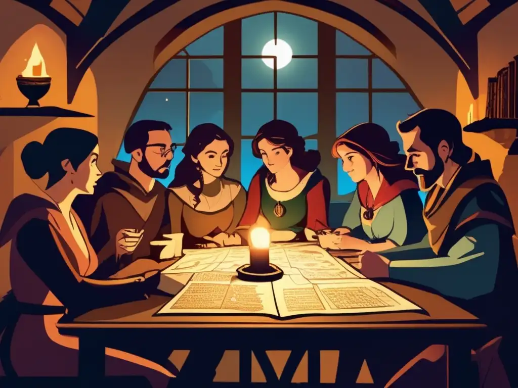 Un grupo de personas disfruta de un juego de rol en un ambiente medieval iluminado por velas, evocando el significado de los juegos de rol.