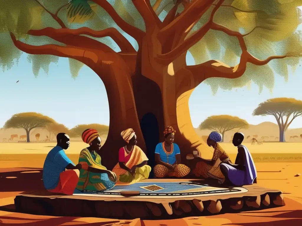 Un grupo de personas disfruta de un juego tradicional africano bajo un baobab, evocando la rica historia de los juegos tradicionales africanos.