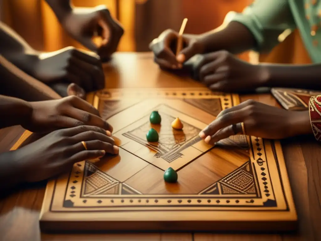 Un grupo de personas disfruta de juegos de tablero africanos en una atmósfera cálida y nostálgica que evoca tradición y comunidad.