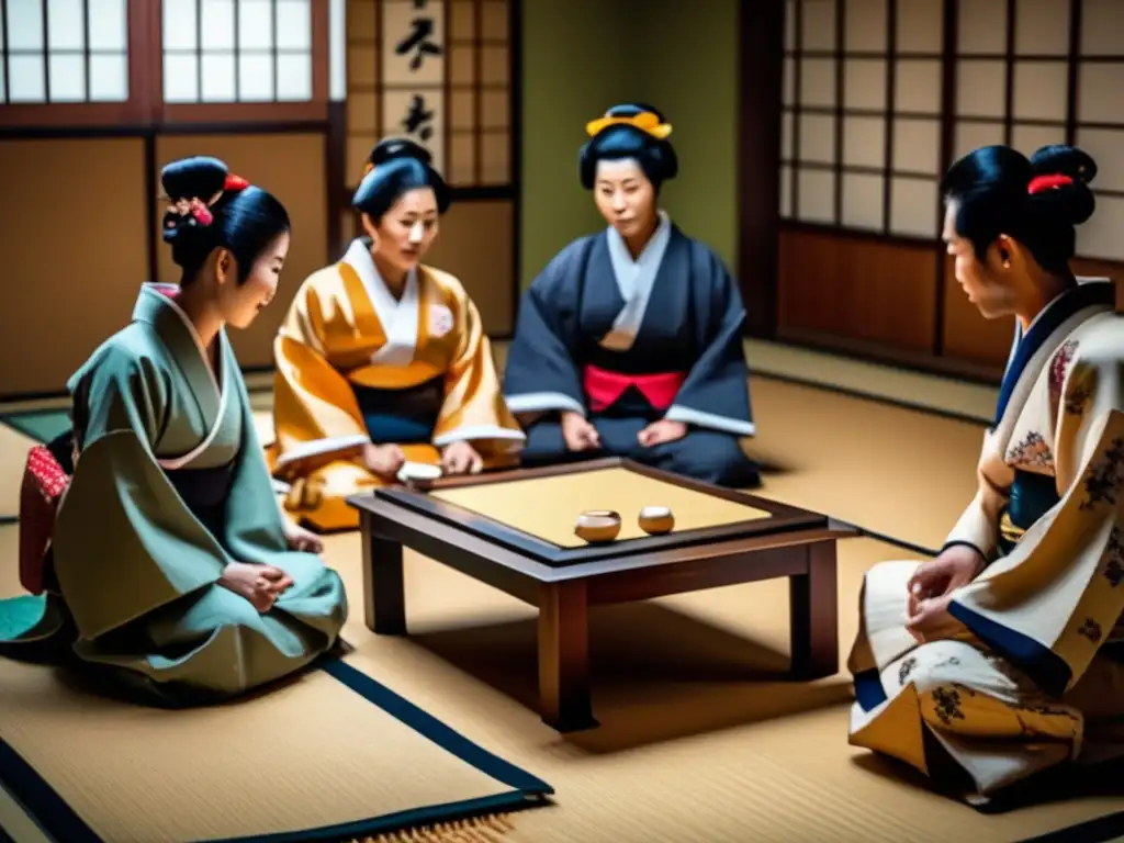 Un grupo de personas juega Kyogi Karuta en un tatami japonés, resaltando la historia y el impacto cultural de los juegos tradicionales japoneses.