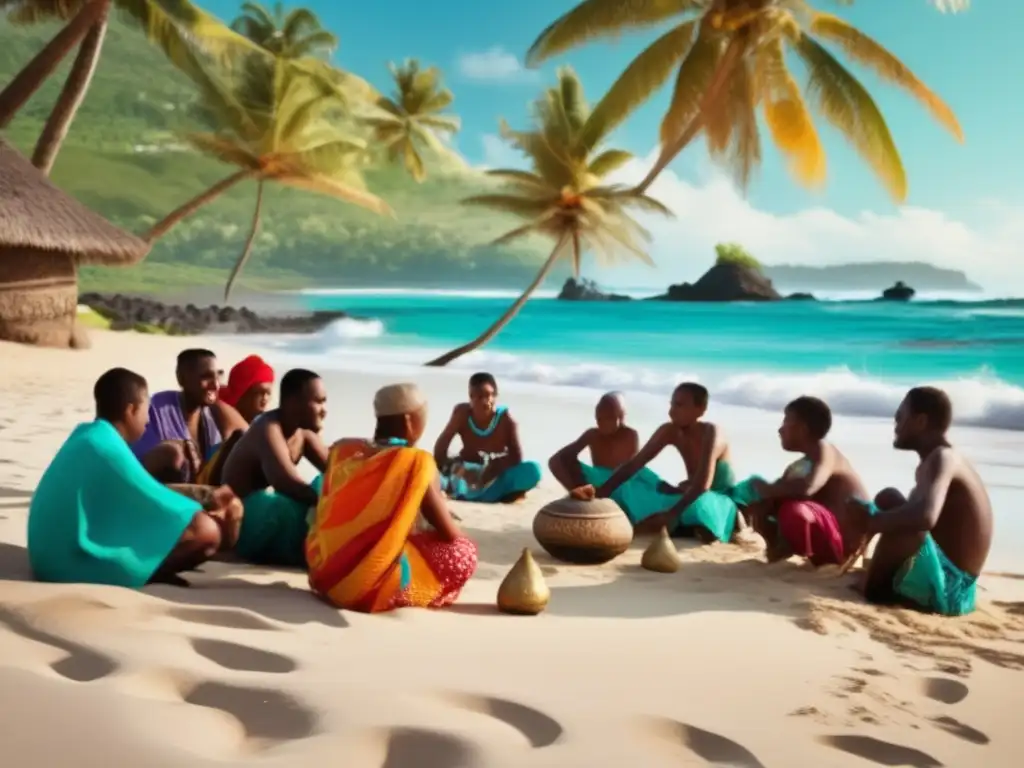 Un grupo de personas juega Klui en las playas de las Islas Comoras, con ropa tradicional vibrante y diseños de piedra. El juego de destreza con piedras une a la comunidad en un escenario de belleza natural.