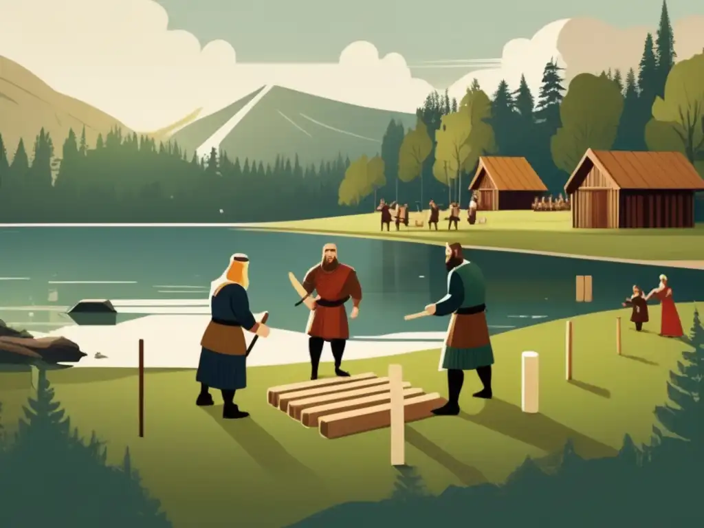 Un grupo de personas juega Kubb vikingo en un paisaje escandinavo, con casas de madera y un lago. <b>Atmósfera tradicional y estratégica del juego.