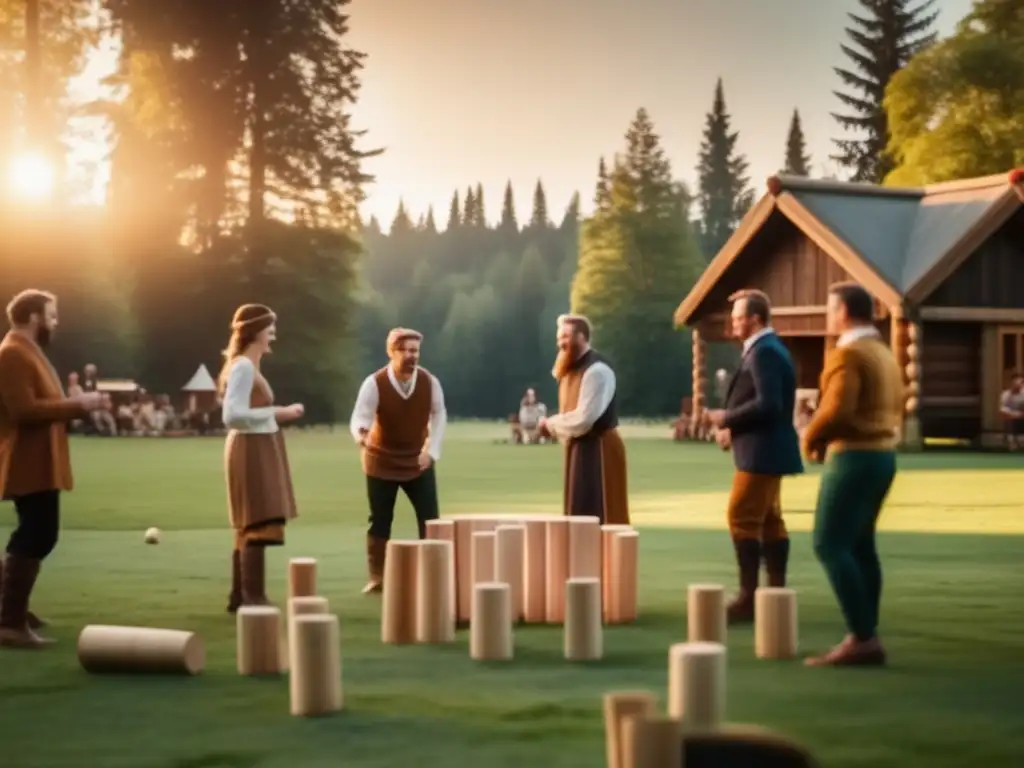 Un grupo de personas juega Kubb vikingo en un campo verde exuberante, con un ambiente nostálgico y auténtico. El sol se pone detrás, creando una atmósfera serena y idílica.