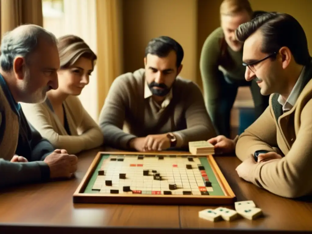 Un grupo de personas disfruta del legado lingüístico del juego Scrabble en una partida intensa y llena de camaradería.