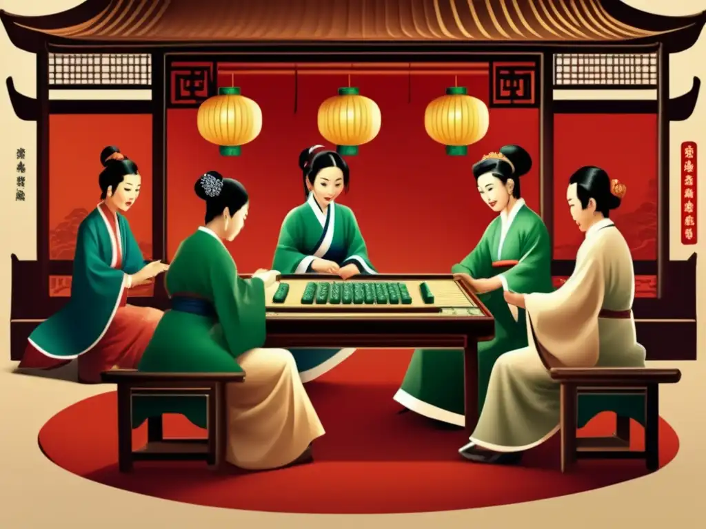 Un grupo de personas juega Mahjong en un ambiente tradicional chino, iluminado por linternas. <b>Captura la esencia cultural de Mahjong.</b> <b>Influencia del Mahjong en literatura.
