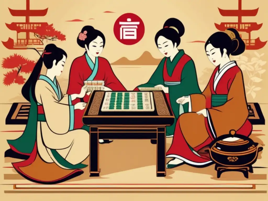Un grupo de personas juega Mahjong en un entorno asiático tradicional, con detalles intrincados de las fichas y elementos culturales. La imagen transmite el significado cultural del juego Mahjong a través de su atmósfera nostálgica y tradicional.