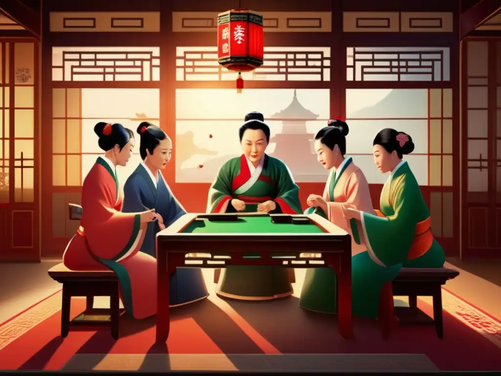 Un grupo de personas juega Mahjong en una habitación decorada al estilo chino, bañados por la luz de la tarde. <b>La historia y evolución del Mahjong.