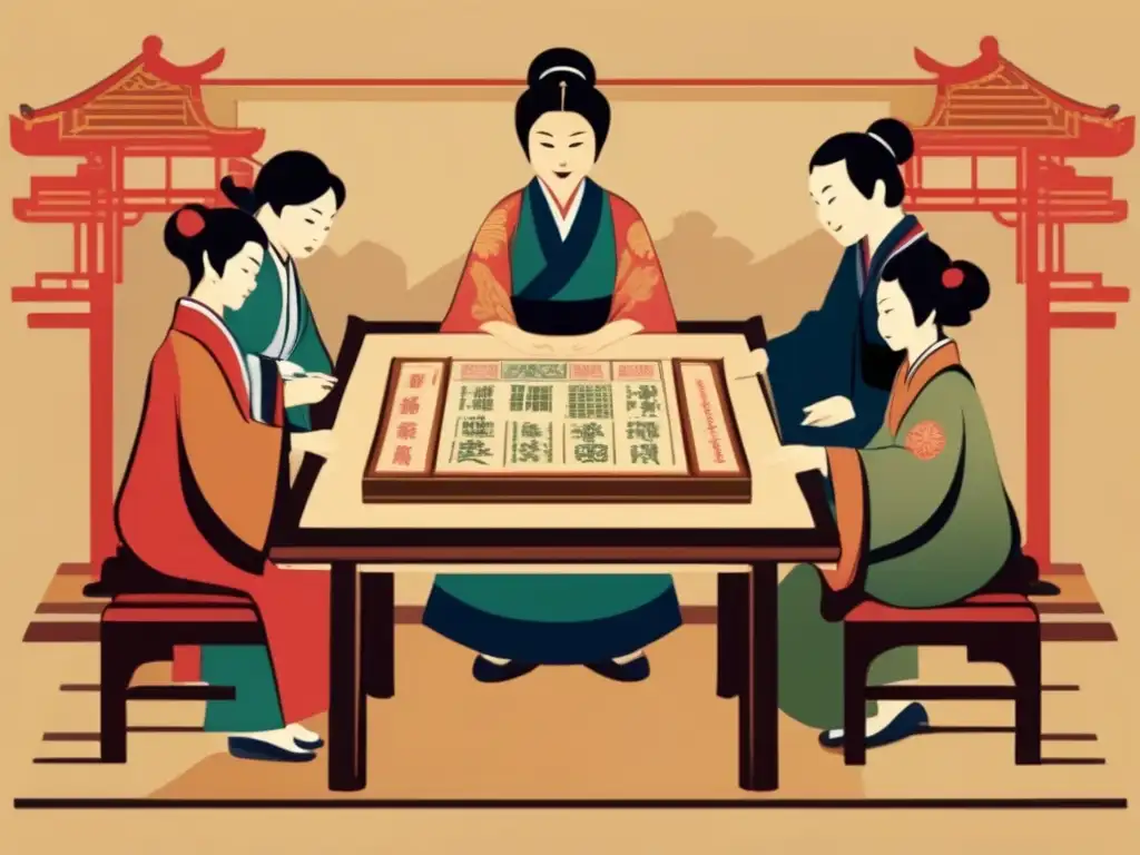 Un grupo de personas juega majiang en una ilustración vintage, capturando la influencia del majiang en la cultura china.