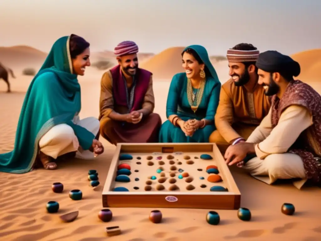 Un grupo de personas juega Mancala en el desierto al atardecer, preservación juegos ancestrales Medio Oriente.