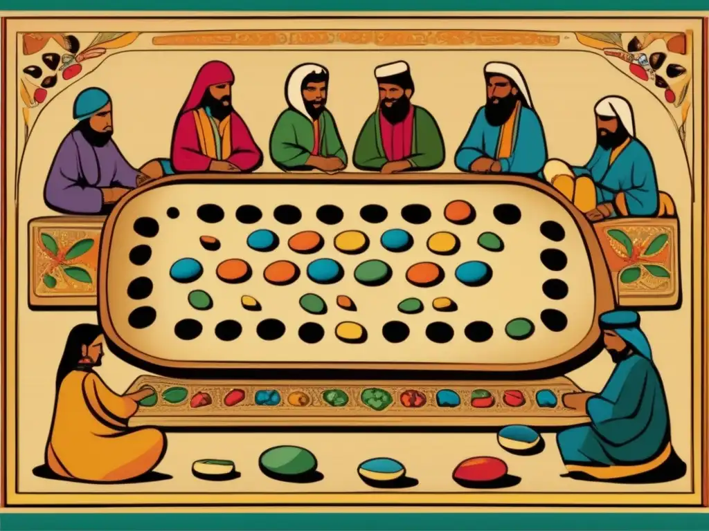 Un grupo de personas juega Mancala en una ilustración vintage, resaltando la influencia cultural del juego Mancala en Medio Oriente.