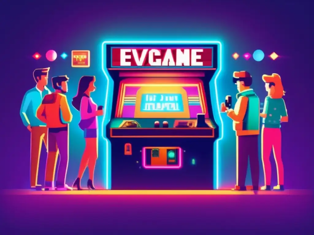 Juegos en Realidad Virtual: Impacto Social Un grupo de personas se reúnen alrededor de una máquina arcade retro, iluminados por la pantalla, destacando el potencial de juegos multijugador realidad virtual en una atmósfera nostálgica y social.