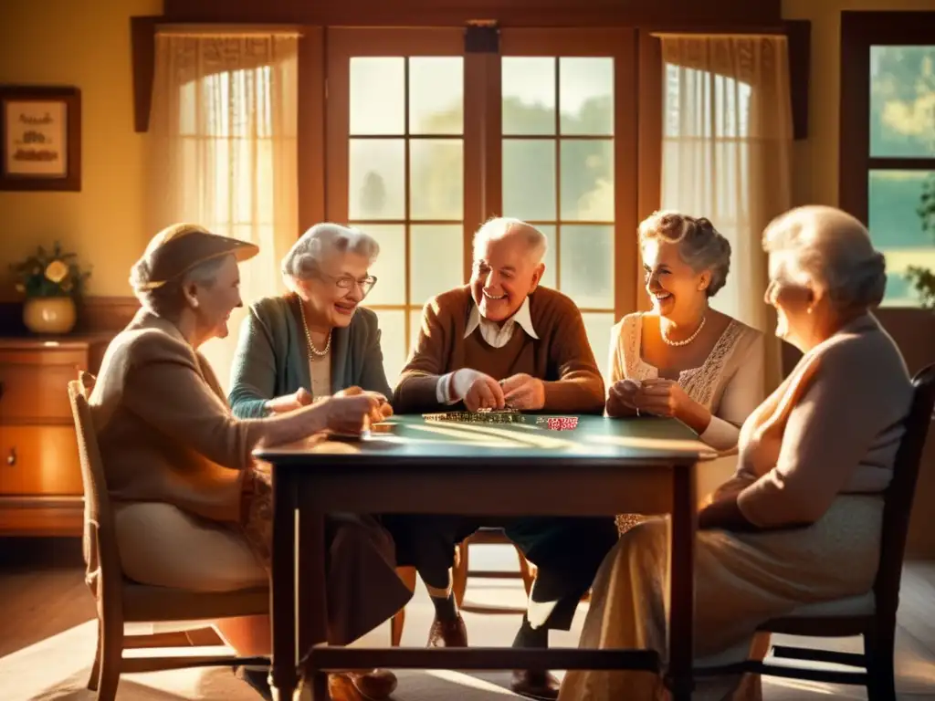 Un grupo de personas mayores disfruta de un juego de cartas en un ambiente cálido y nostálgico, mostrando los beneficios de los juegos en el envejecimiento activo.