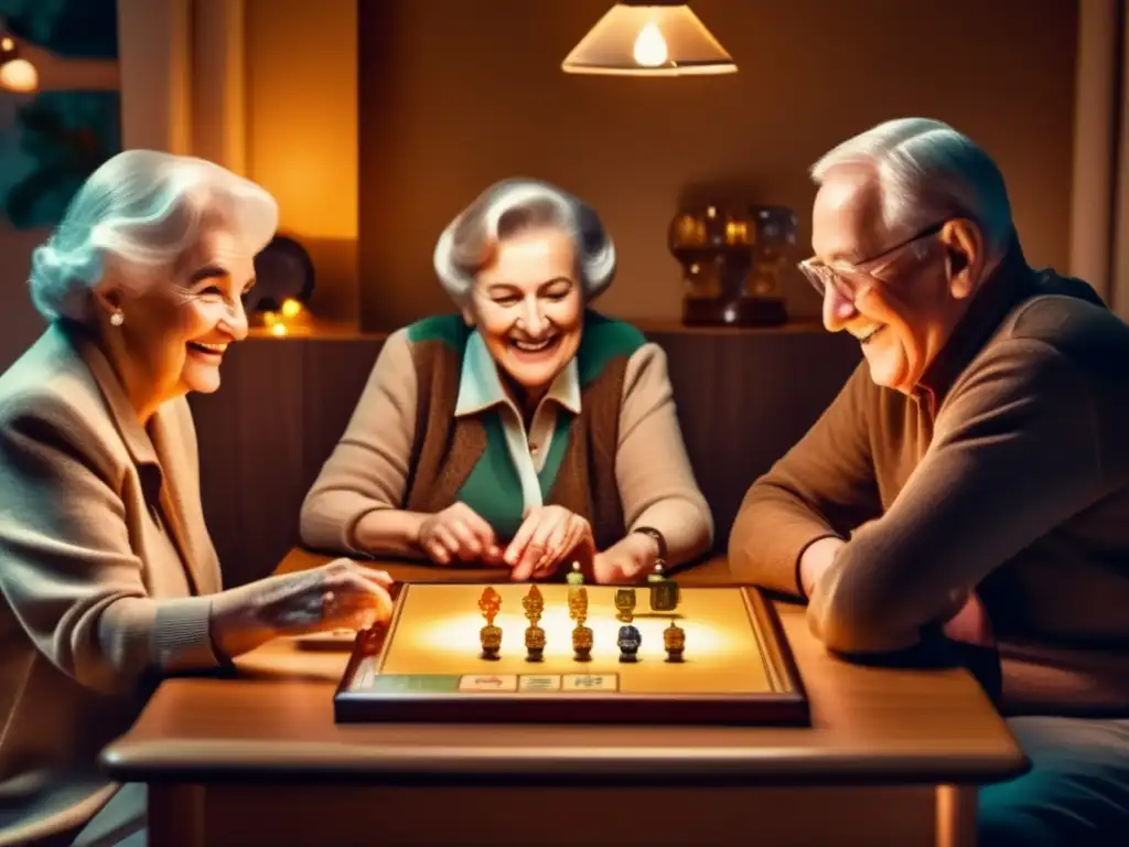 Un grupo de personas mayores juega un juego de mesa vintage, disfrutando de los beneficios de los juegos en el envejecimiento activo.