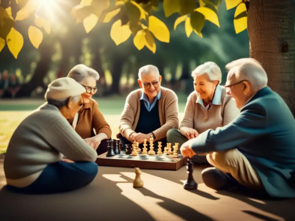 Un grupo de personas mayores disfruta de una partida de ajedrez bajo un frondoso árbol. La escena irradia camaradería y la importancia de los juegos tradicionales para la estimulación mental y la interacción social en adultos mayores.