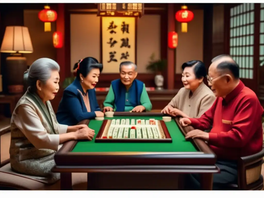 Un grupo de personas mayores disfrutando de una partida de mahjong en un ambiente cálido y tradicional. <b>El juego Mahjong tiene un profundo significado cultural.