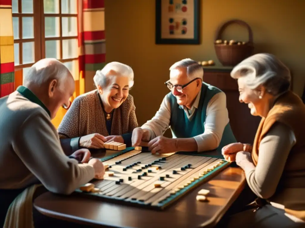 Un grupo de personas mayores sonrientes juegan domino. <b>La cálida luz de la tarde ilumina la escena, rodeada de juegos tradicionales.</b> <b>Importancia de los juegos tradicionales.
