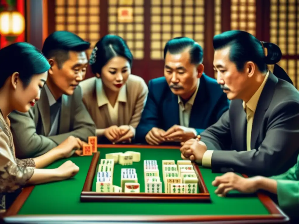 Un grupo de personas se reúne alrededor de una mesa de Mahjong bellamente decorada, mostrando concentración y camaradería. <b>La escena irradia un significado cultural del juego Mahjong con elementos tradicionales chinos.