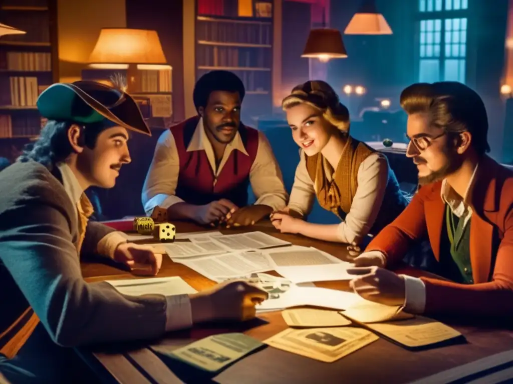 Un grupo de personas se reúne alrededor de una mesa en una habitación tenue, con sábanas de personajes y dados esparcidos. La habitación está llena de pósters y libros vintage, y los jugadores visten ropa retro de los años 70, mostrando las raíces históricas y