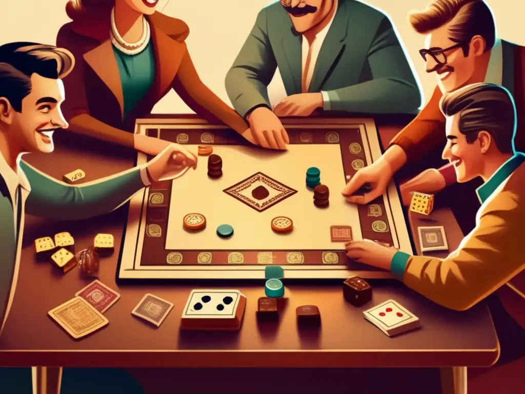 Un grupo de personas se reúne alrededor de una mesa para jugar un juego de mesa vintage, con detalles intrincados y una atmósfera cálida y nostálgica. <b>Influencias artísticas diseño juegos mesa.