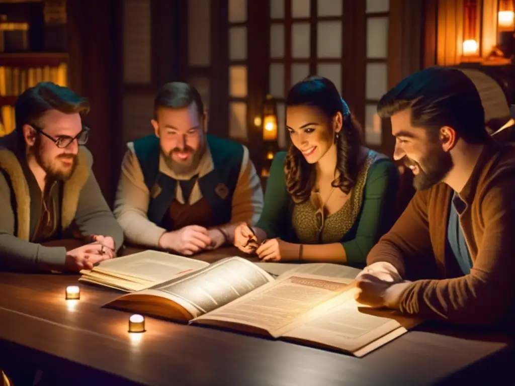 Un grupo de personas se reúne alrededor de una mesa llena de libros antiguos de Dungeons & Dragons, hojas de personajes y dados. <b>La habitación está iluminada suavemente, creando una atmósfera acogedora y nostálgica.</b> Los jugadores están profundamente involucrados en el juego